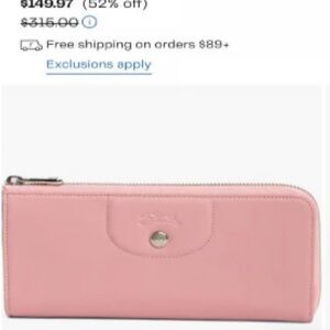 Longchamp NWT Cure Pliage Soft Leather Quarter Zip Wallet w/Silver zip closure